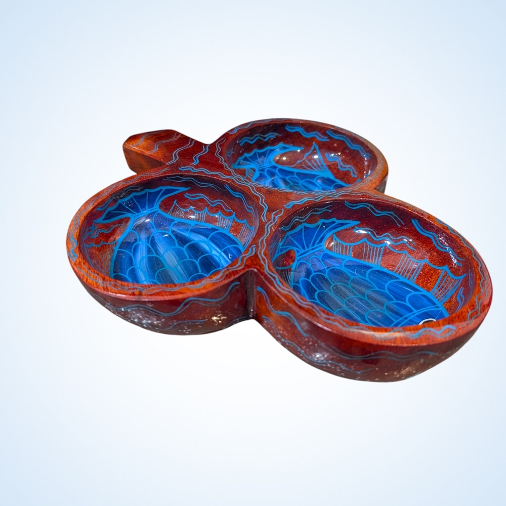 Handcrafted Wooden Lacquered Bowl with Three Sections Signed